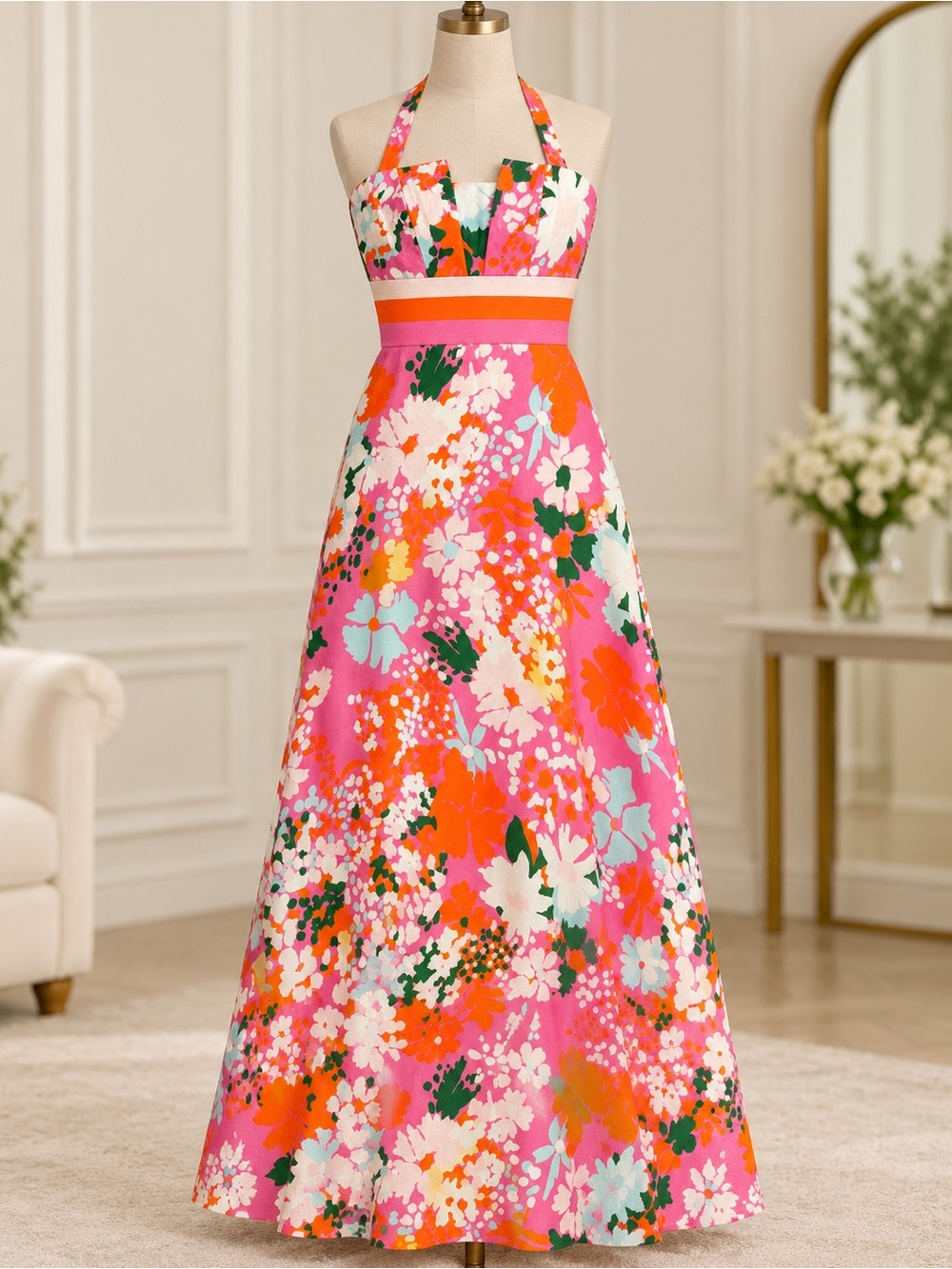 CK Bradley Floral Halter Maxi Dress in Bright Pink XS